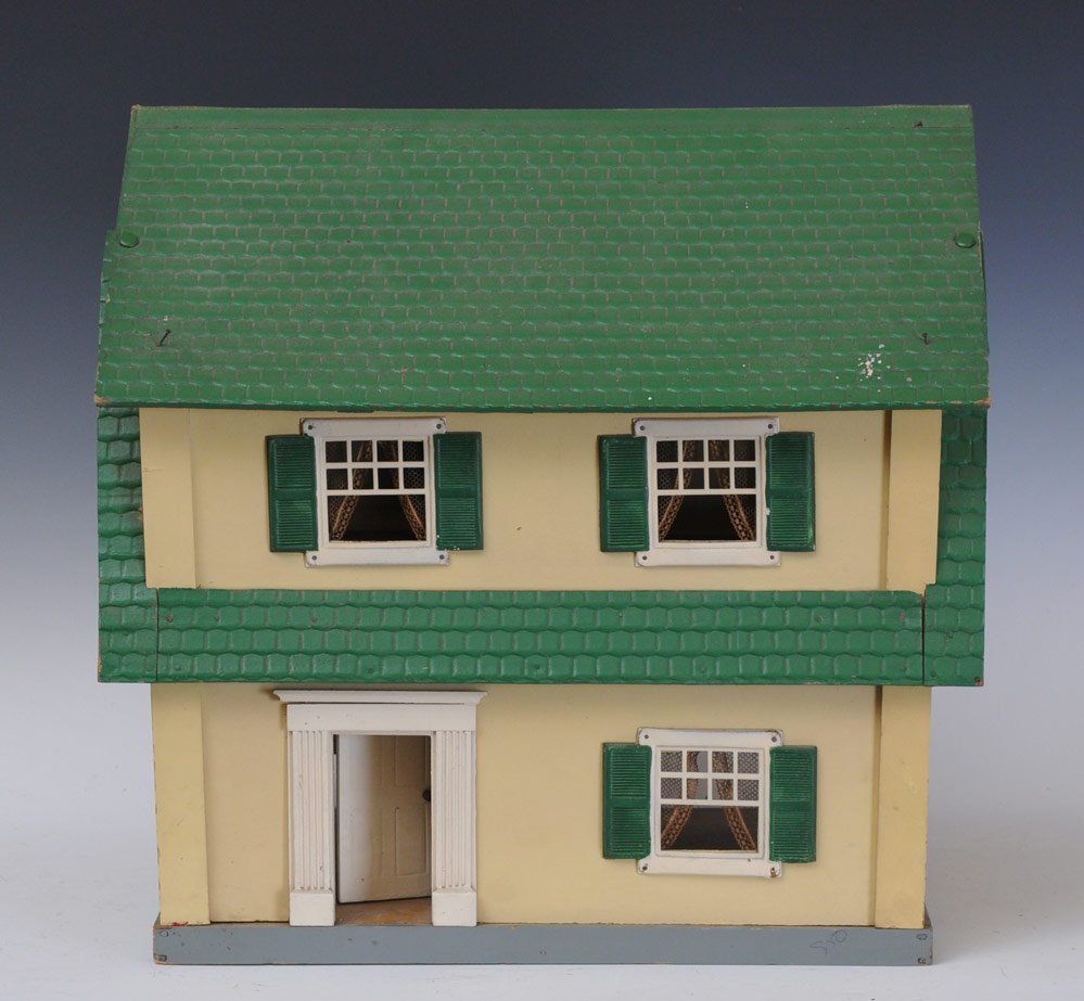 Schoenhut Doll House: with original paper sticker on side and original lace curtains 14" x 20", 19 1/2" high