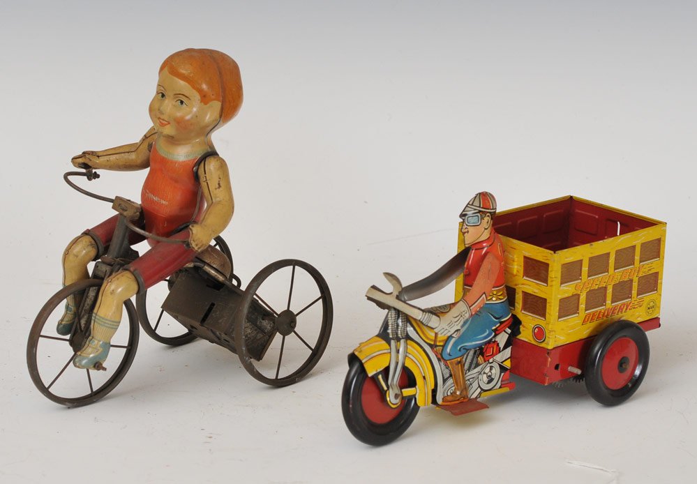 Unique Art Kiddy Cyclist: tin lithographed toy together with Marx tin lithographed Speed Boy Delivery Motorcycle