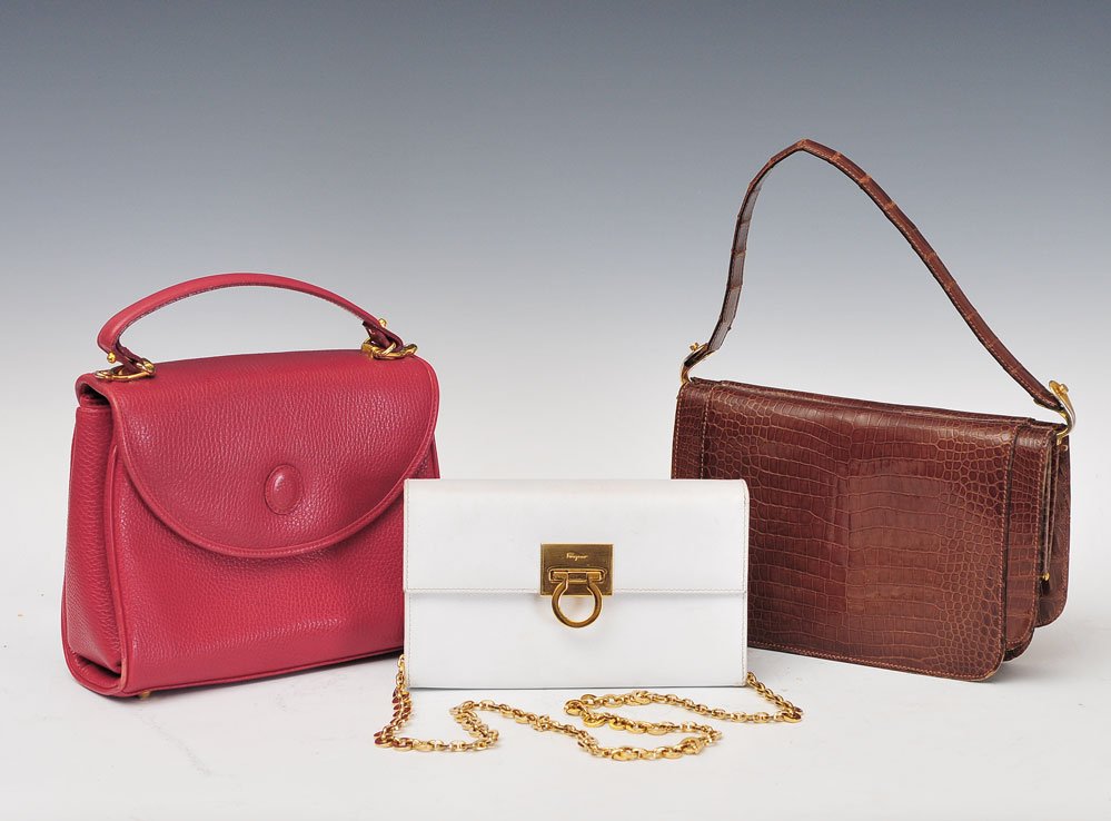 Group of Three Hand Bags: red Mark Cross leather, white Ferragamo and Alligator bag by Guene of Paris, largest 9" long SHIPPING: Shipping available within the Continental USA (excludes insurance) $25. International buyers are