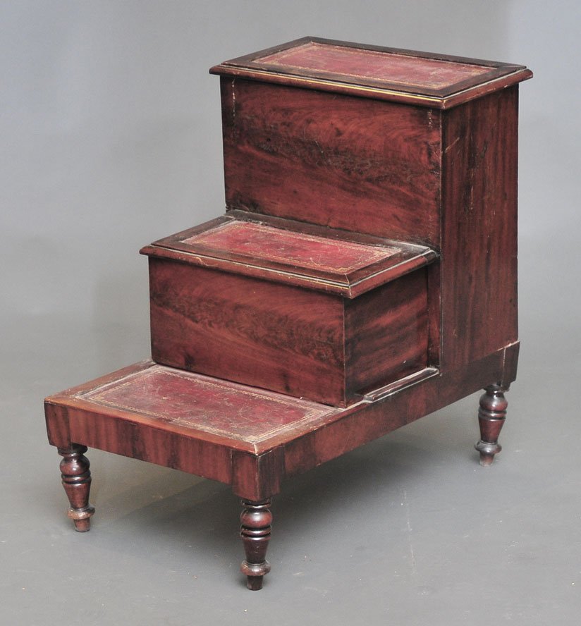 Set of English Sheraton Library Steps: with inset embossed leather panels 27" x 18", 27" high circa 1850 SHIPPING: Buyer is responsible for arranging 3rd party shipping. Also see 3rd party shipper list provided in SHIPPING tab.