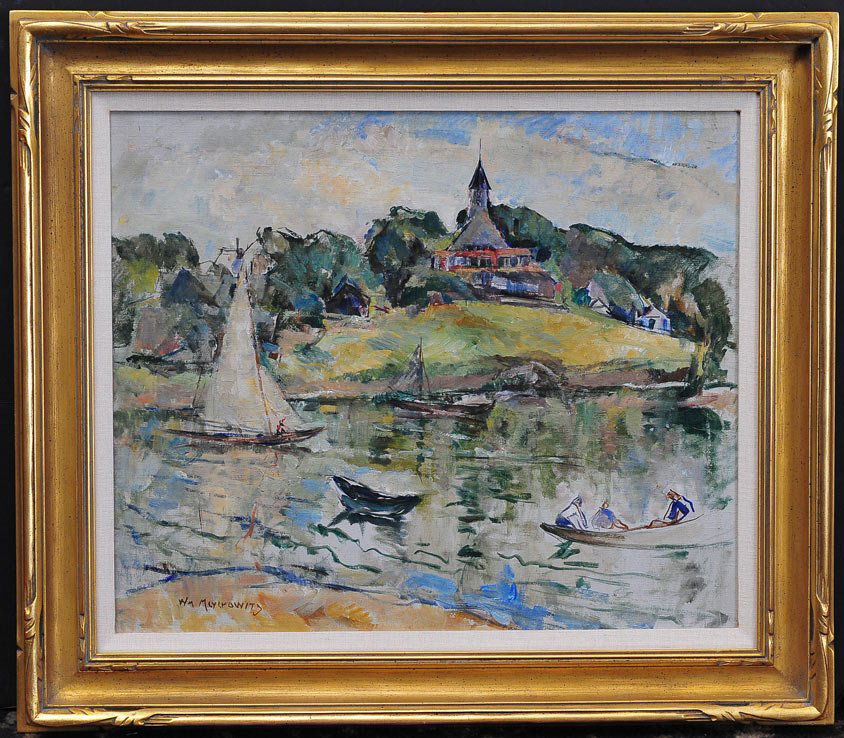 William Meyerowitz: Boating Scene 20" x 24" oil on canvas signed lower left SHIPPING: Buyer is responsible for arranging 3rd party shipping. Also see 3rd party shipper list provided in SHIPPING tab.