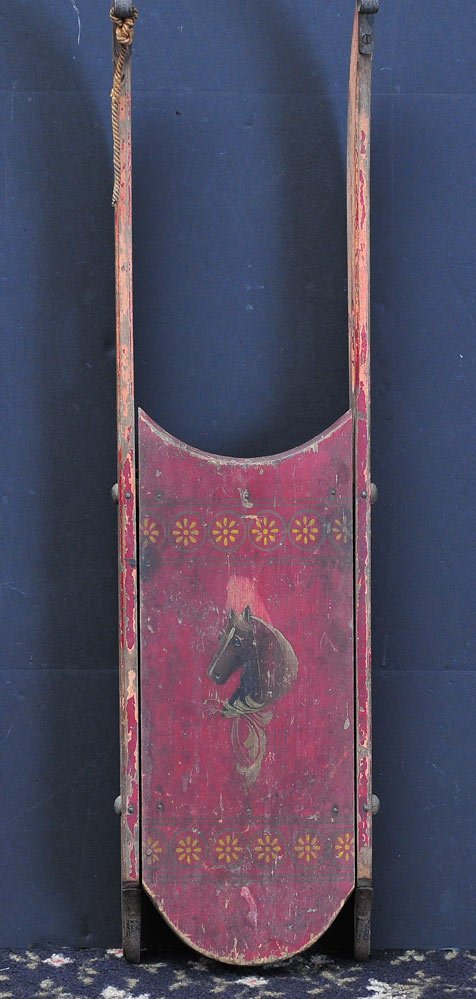 Victorian Paint Decorated Sled: stenciled with central image of a horse 40" long Paris Mfg. Company, Maine circa 1900 SHIPPING: Buyer is responsible for arranging 3rd party shipping. Also see 3rd party shipper list provided in SHIPP