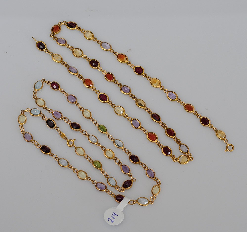 Two 14k Gold Multi-Colored Gem Stone Necklaces: each 17" long 17 dwt gross SHIPPING: Shipping available within the Continental USA (excludes insurance) $25. International buyers are responsible for arranging 3rd party shipping. Also see 3rd party s