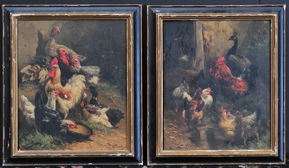 Henry Schouten: (pair) Barn Scenes with Chickens each 15" x 12" oil on panel signed lower left and lower right SHIPPING: Shipping available within the Continental USA (excludes insurance) $60. International buyers ar
