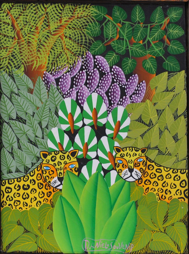 Haitian School: Two Leopards 16" x 12" oil on canvas signed Daniel Souvenir at lower edge SHIPPING: Shipping available within the Continental USA (excludes insurance) $40. International buyers are responsible for arr