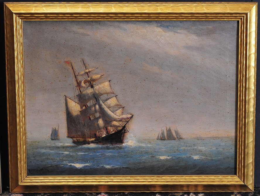 Marshall Johnson: Schooner on Choppy Seas 18" x 24" oil on canvas signed lower left together with Walter Dean Battle Ship, 20" x 24" oil on canvas signed lower left SHIPPING: Buyer is responsible for arranging 3rd part
