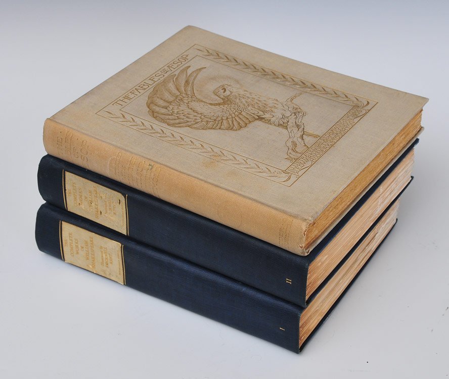 Rockwell Kent/Edward Detmold: two illustrated books: The Complete Works of Shakespeare, two vols 12 1/2" x 9", the deluxe edition out of 750 copies signed by Kent, 1936; The Fables of Aesop 12" x 9 1/2" the deluxe edition out of 7