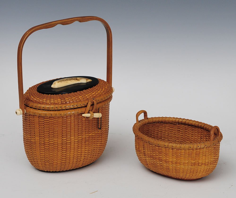 Nantucket Purse: with scrimshaw whalebone lid signed GLB (Gerald Brown) and dated 1974 8 1/2" x 5" x 6" together with a 6 1/2" handled basket signed Chin Manasmont and dated 1980 SHIPPING: Shipping available within th