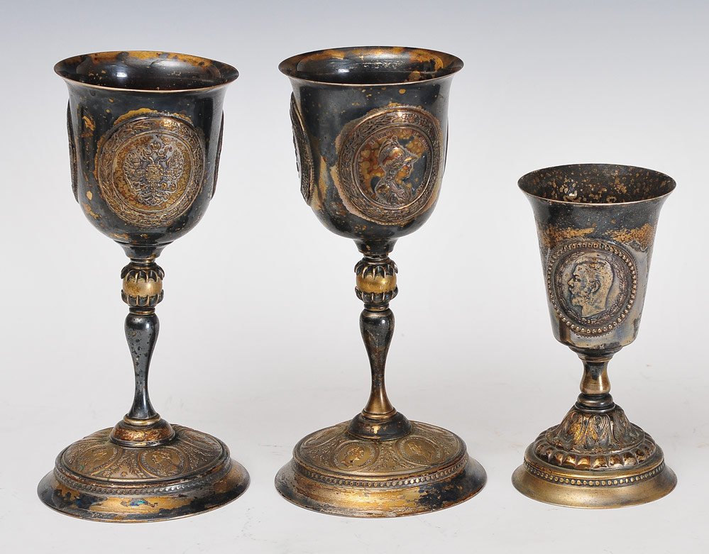 Group of Three Russian Silver Plated Chalices: tallest 7 1/2" high all unsigned late 19th century/early 20th century SHIPPING: Shipping available within the Continental USA (excludes insurance) $35. International buyers are responsible for arrangi