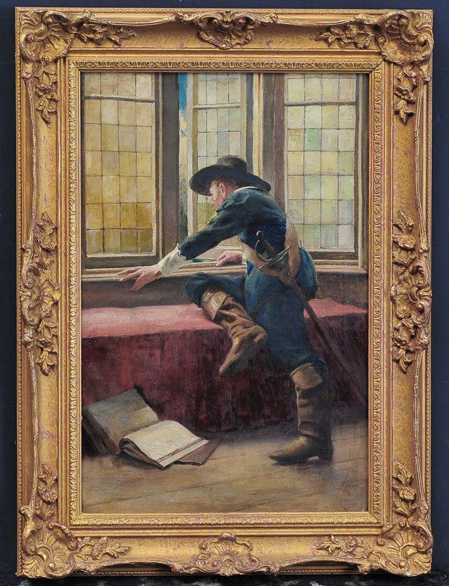 A. James: The Cavalier Appearing Out of a Window 21" x 14" oil on canvas signed and dated 1878 lower right SHIPPING: Buyer is responsible for arranging 3rd party shipping. Also see 3rd party shipper list provid