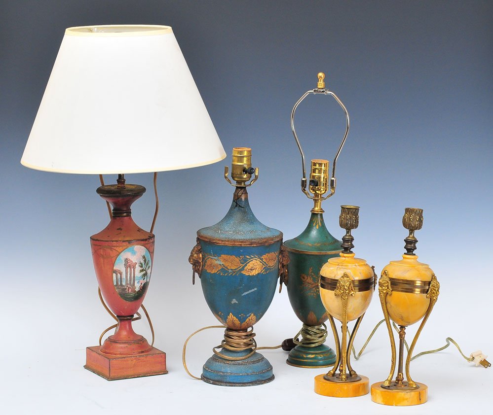 Group of Five French Lamps: three decorated tole tallest excluding lamp fittings 13" high late 18th century SHIPPING: Buyer is responsible for arranging 3rd party shipping. Also see 3rd party shipper list provided in SHIPPING ta