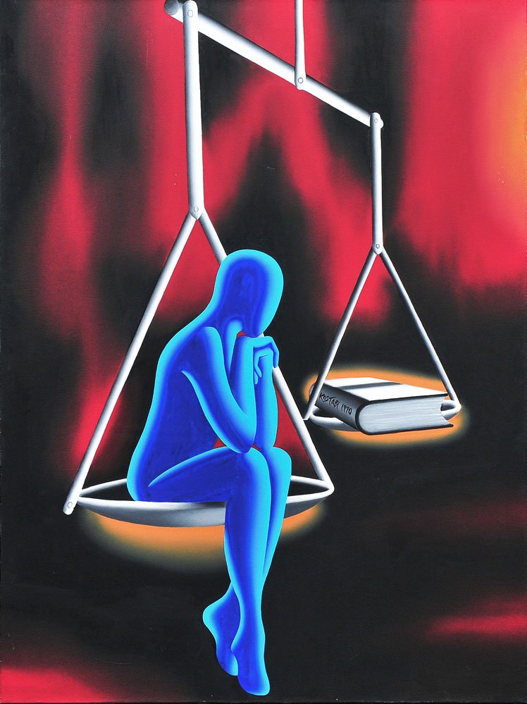 Mark Kostabi: Libra/ Librum 64" x 48" oil on canvas signed on book spine Kostabi and dated 1990 SHIPPING: Buyer is responsible for arranging 3rd party shipping.