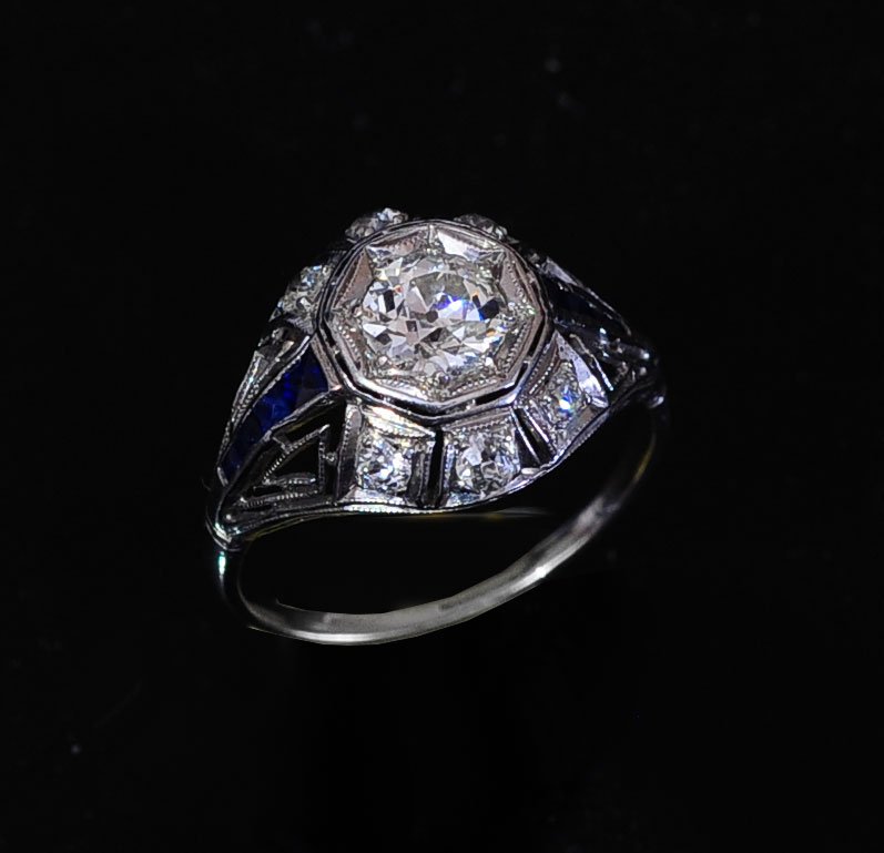 Edwardian Ladies Platinum and Diamond Ring: with approximately .90 carat center stone mine cut, VS1, H color ring size 6 1/2 SHIPPING: Shipping available within the Continental USA (excludes insurance) $25. International buyers are responsible 