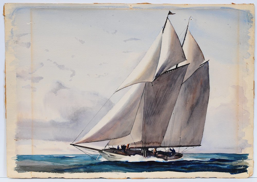 Millard Sheets: Yachting 16" x 22 1/2" sheet size signed lower right with Dalzell Hatfield gallery label verso SHIPPING: Shipping available within the Continental USA (excludes insurance) $40. International buyers ar