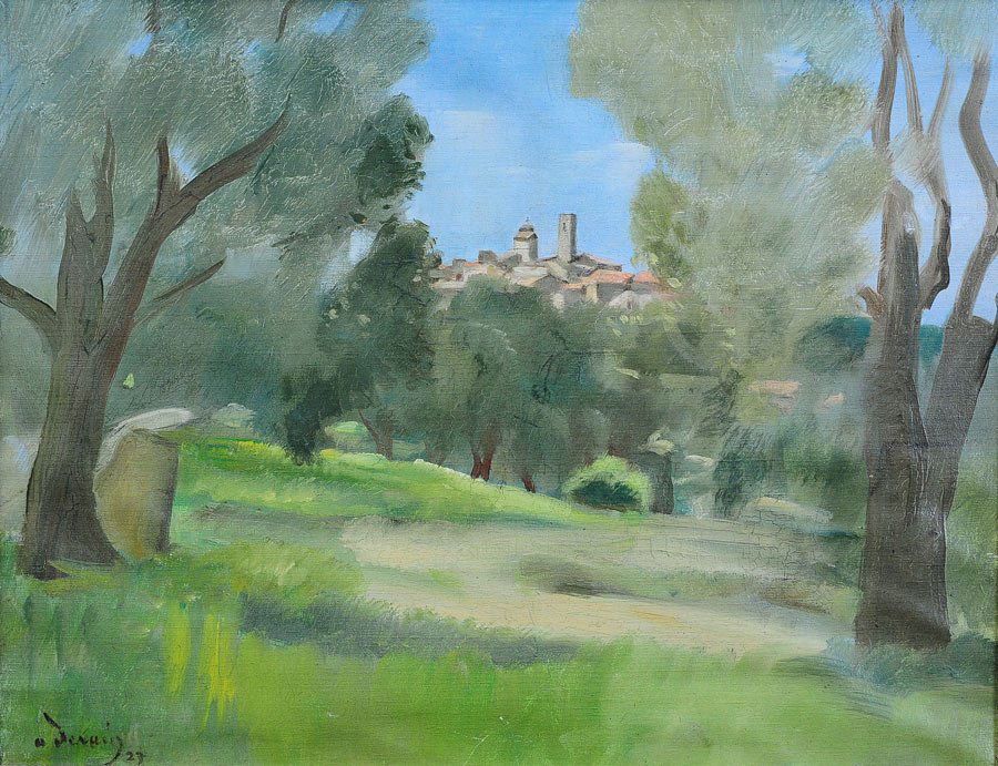 Andre Derain: View of a French Village Through The Trees 14" x 18" oil on canvas laid to masonite dated 1927 and signed lower left SHIPPING: Buyer is responsible for arranging 3rd party shipping.