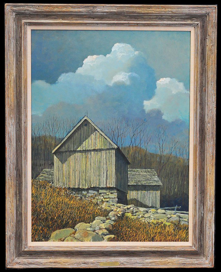 Eric Sloane: Connecticut Barn 36" x 27" oil on masonite signed and dated 1971 lower left SHIPPING: Buyer is responsible for arranging 3rd party shipping.