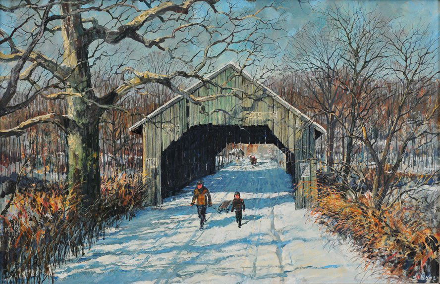 Eric Sloane: Covered Bridge in Winter 21" x 32" oil on masonite signed lower right with original barn wood frame SHIPPING: Buyer is responsible for arranging 3rd party shipping.