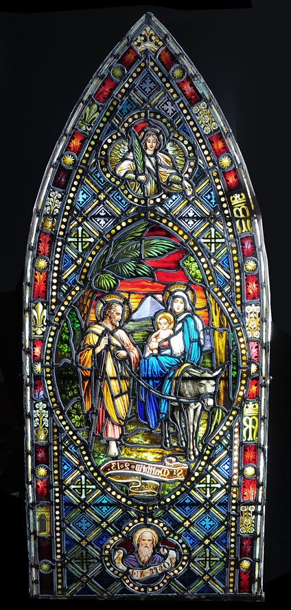Three Matching Victorian Stained Glass Windows: with Christian subjects unframed two 61" x 25", one 65" x 25" late 19th century SHIPPING: Buyer is responsible for arranging 3rd party shipping. Requires professional crating.