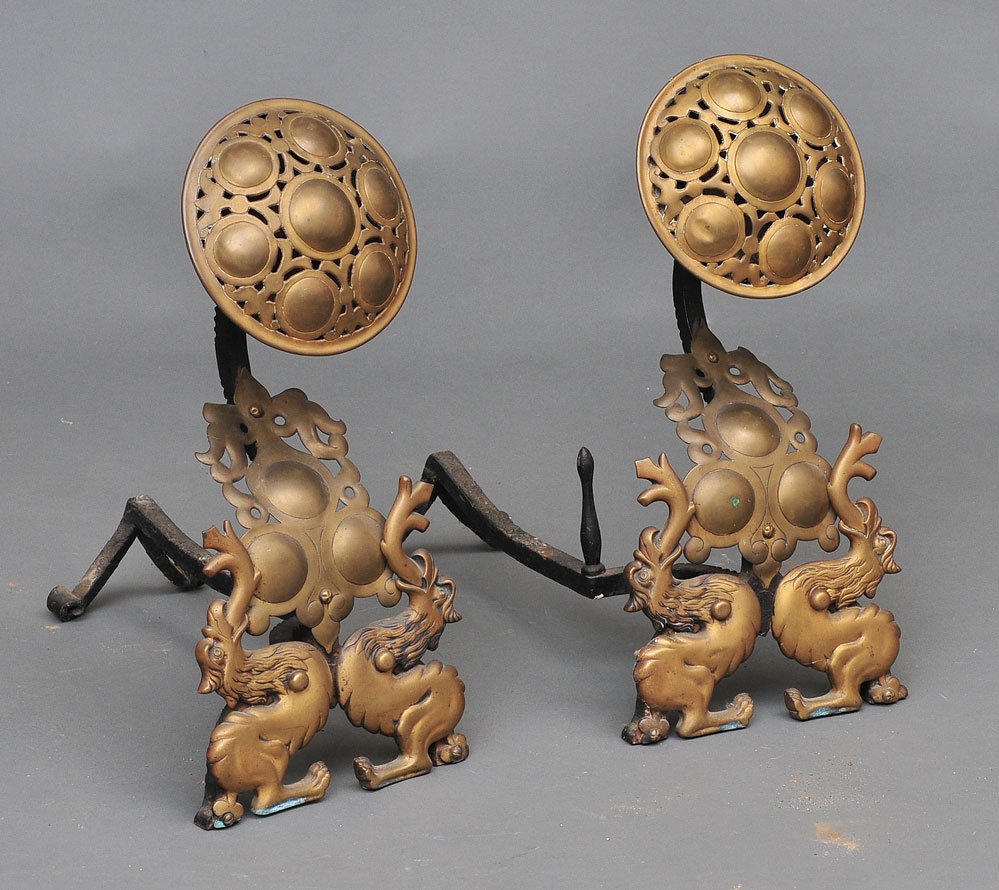 Pair of English Aesthetic Movement Andirons: with dragons 22" high late 19th century SHIPPING: Buyer is responsible for arranging 3rd party shipping.