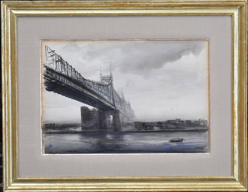 Luciano Guarnieri: Pair of Scenes of New York Brooklyn Bridge and The East River each 15" x 22" ink wash with color on paper each signed lower right and dated 1959 SHIPPING: Buyer is responsible for arranging 3rd party