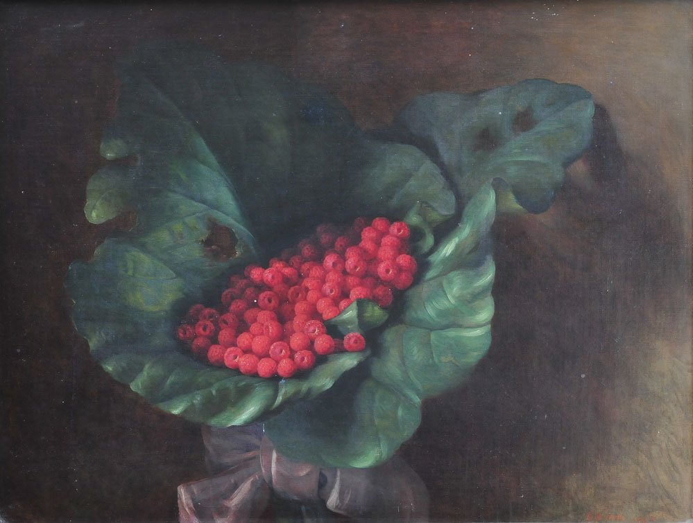George Henry Hall: Still Life with Raspberries 20" x 26 1/2" oil on canvas mounted to masonite signed lower right SHIPPING: Buyer is responsible for arranging 3rd party shipping.