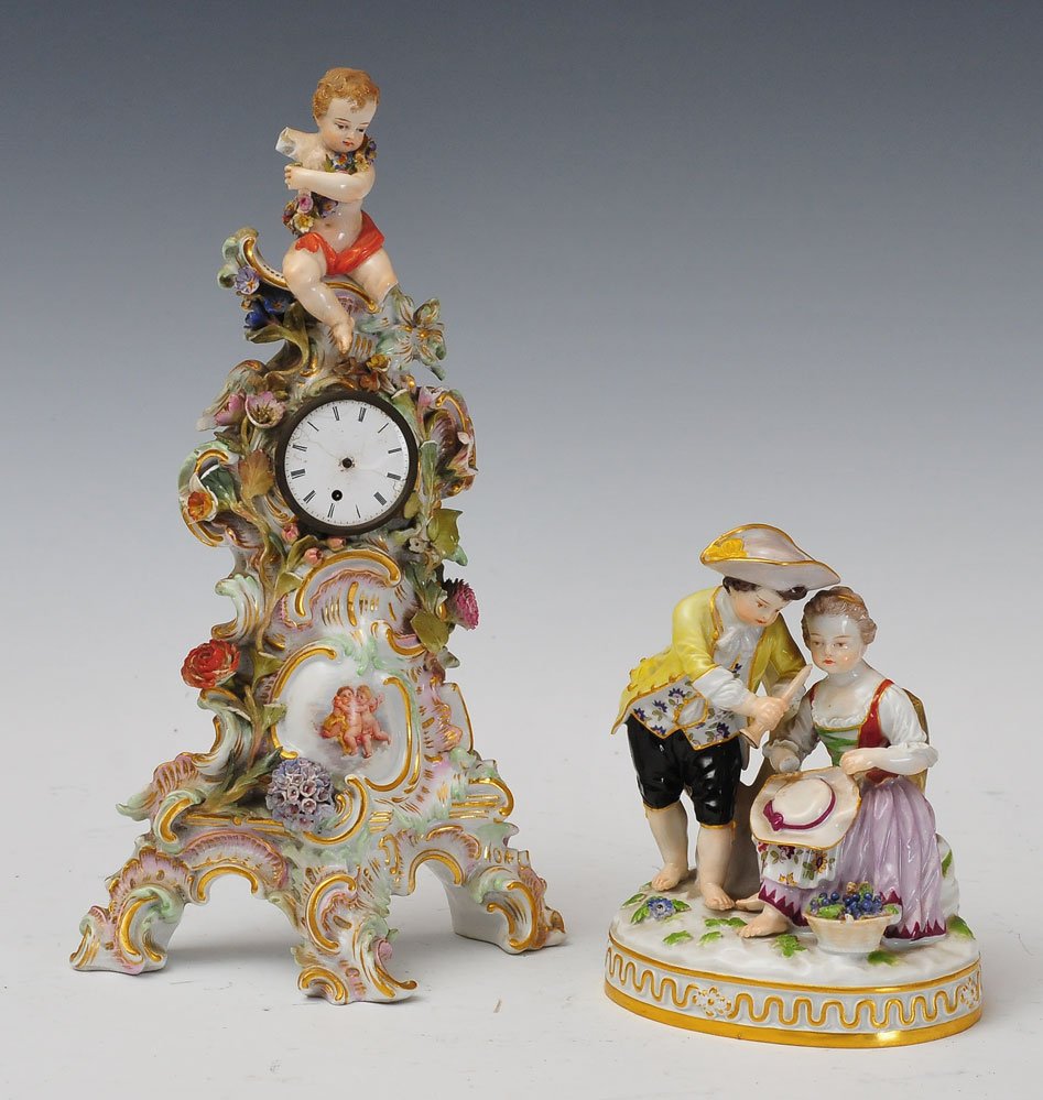 Meissen Table Clock: together with Meissen Figural Group largest 11" high clock circa 1880 SHIPPING: Shipping available within the Continental USA (excludes insurance) $40. International buyers are responsible for arrangi