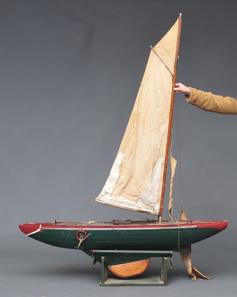 Large Pond Boat with Sails: 60" long circa 1920 SHIPPING: Buyer is responsible for arranging 3rd party shipping.