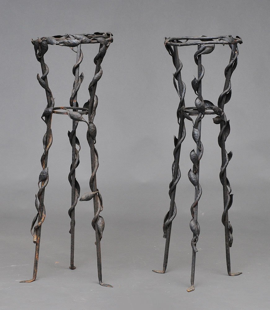 Pair of Wrought Iron Planter Stands: with tole leaf decoration 41" high 20th century SHIPPING: Buyer is responsible for arranging 3rd party shipping.