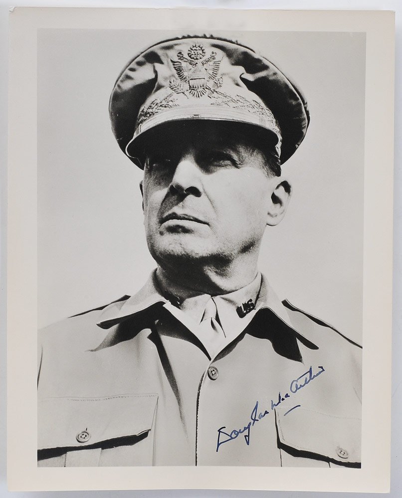 Douglas MacArthur Autographed Photo: black and white image in uniform signed lower right 8" x 10" SHIPPING: Shipping available within the Continental USA (excludes insurance) $20. International buyers are responsible for arranging 3rd pa
