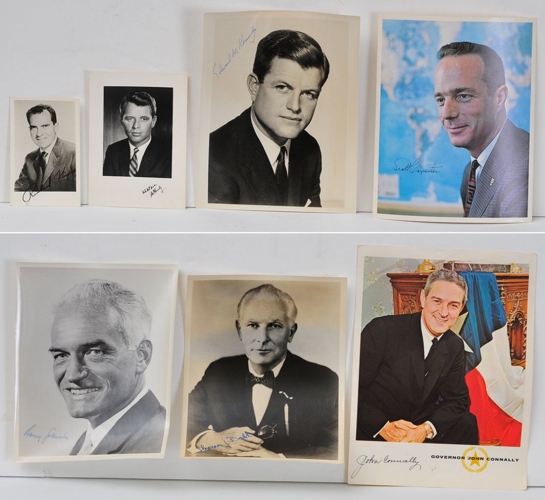 Group of 7 Autographed Photos: including Nixon, Robert Kennedy, Edward Kennedy, Scott Carpenter, Barry Goldwater, Thomas Dodd, and John Connally ranging from 5" x 3" up to 9" x 12" RFK probably auto pen SHIPPING: Shipping available
