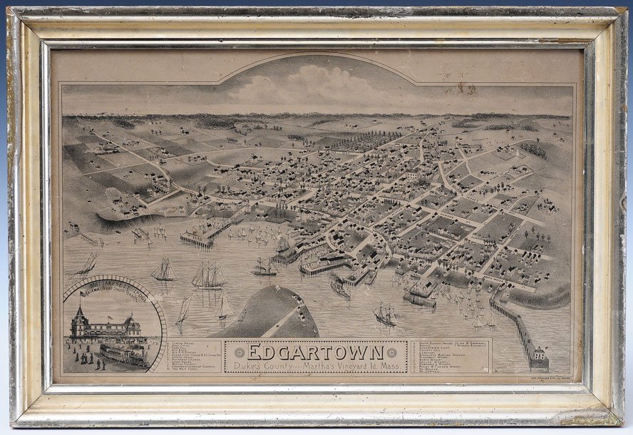 Topographical View of Edgartown, 1886: Martha's Vineyard Island, MA published by Geo. H. Walker & Co., Boston 12 1/2" x 19 3/4" circa 1886, a rare "bird's eye view" map of Edgartown, SHIPPING: Shipping available within the Continental USA 