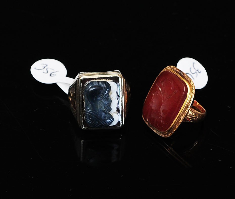 14k Gold Carnelian Carved Ring: ring size 3 together with a 10k gold onyx ring, ring size 10 SHIPPING: Shipping available within the Continental USA (excludes insurance) $25. International buyers are responsible for arranging 3rd pa
