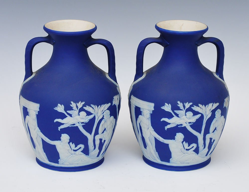 Pair of Wedgwood Jasperware Portland Vases: 8" high circa 1900 SHIPPING: Shipping available within the Continental USA (excludes insurance) $40. International buyers are responsible for arranging 3rd party shipping.