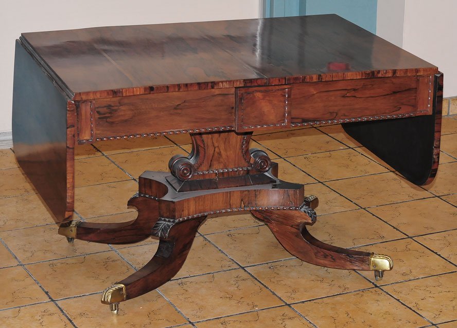 Regency Rosewood Sofa Table: 41" x 30", 27" high one leg with improper structural repair circa 1825 SHIPPING: Buyer is responsible for arranging 3rd party shipping.