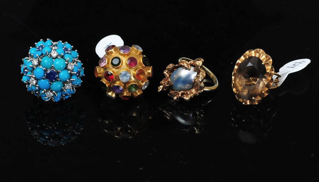 Group of Four Gold Rings: including 18k gold "Sputnik" ring with colored stones and three 14k gold rings, one set with turquoise, diamonds and sapphires ring sizes 4 3/4 to 6 1/4, 22 dwt gross SHIPPING: Shipping available with