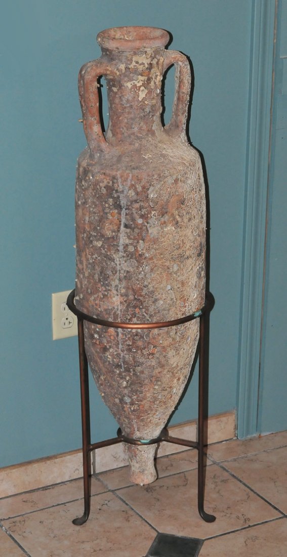 Roman Earthenware Amphora on Frame: 45" high, overall, with shell and lichten encrustation