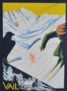 Vail Ski Poster: Ellen Lanyon, 1993 edition of 500 depicting skiers below a gondola lift 38 1/2" x 28 1/2" sight signed E. L. 93 lower right in plate SHIPPING: Buyer is responsible for arranging 3rd party shipping.