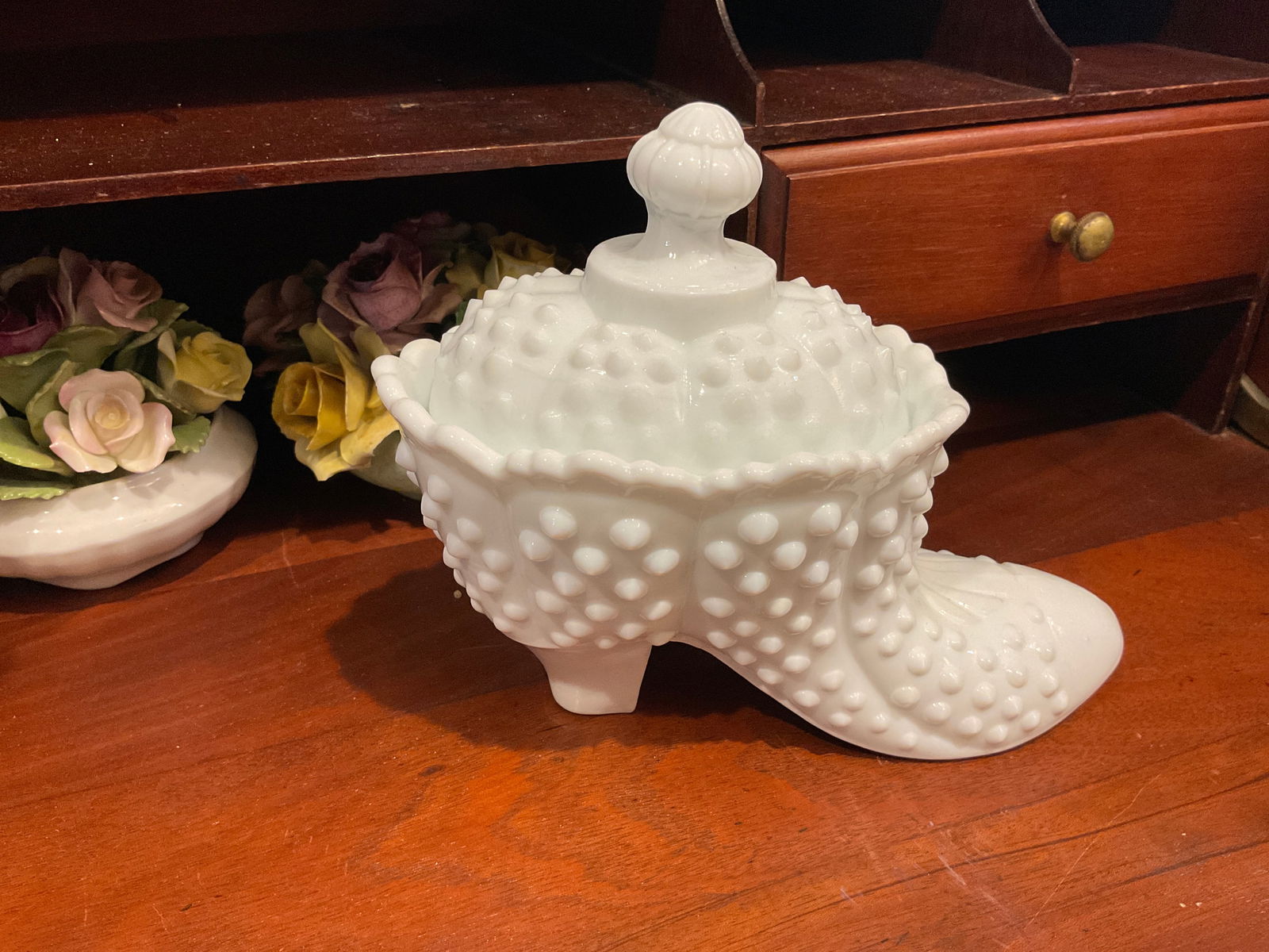 Fenton Hobnail MilkGlass Boot Candy Dish: Fenton Art Glass Company was founded in 1905 by brothers Frank L. Fenton and John W. Fenton in Williamstown, West Virginia. Fenton is known for its innovative glass colors and patterns, particularly i