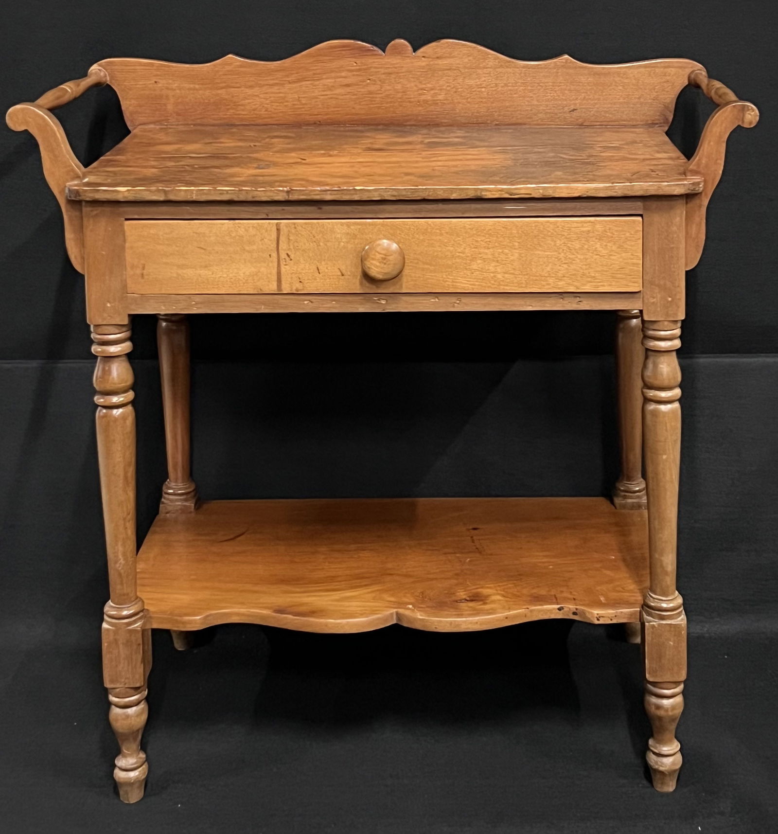 Antique Pine Wash Stand with Towel Bars, Drawer & Cherry Shelf.: Difficult to find a nice antique pine washstand with a drawer, towel bars and a cherry shelf. The top of the piece shows great patina (wear) and has a few natural cracks that have been repaired. The c