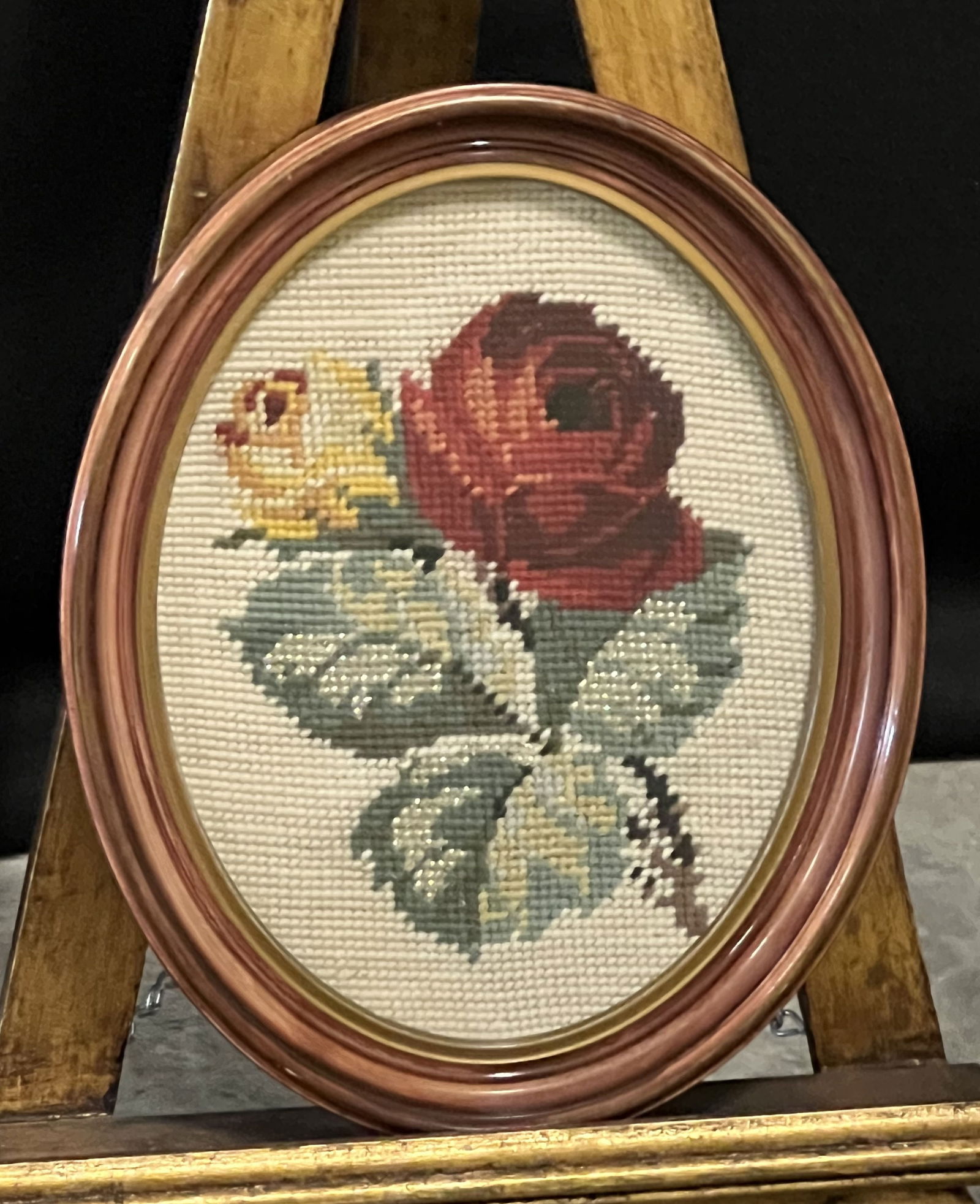 Vintage Framed Oval Needlepoint with Pair of Bright Colored Flowers (1 of 2)