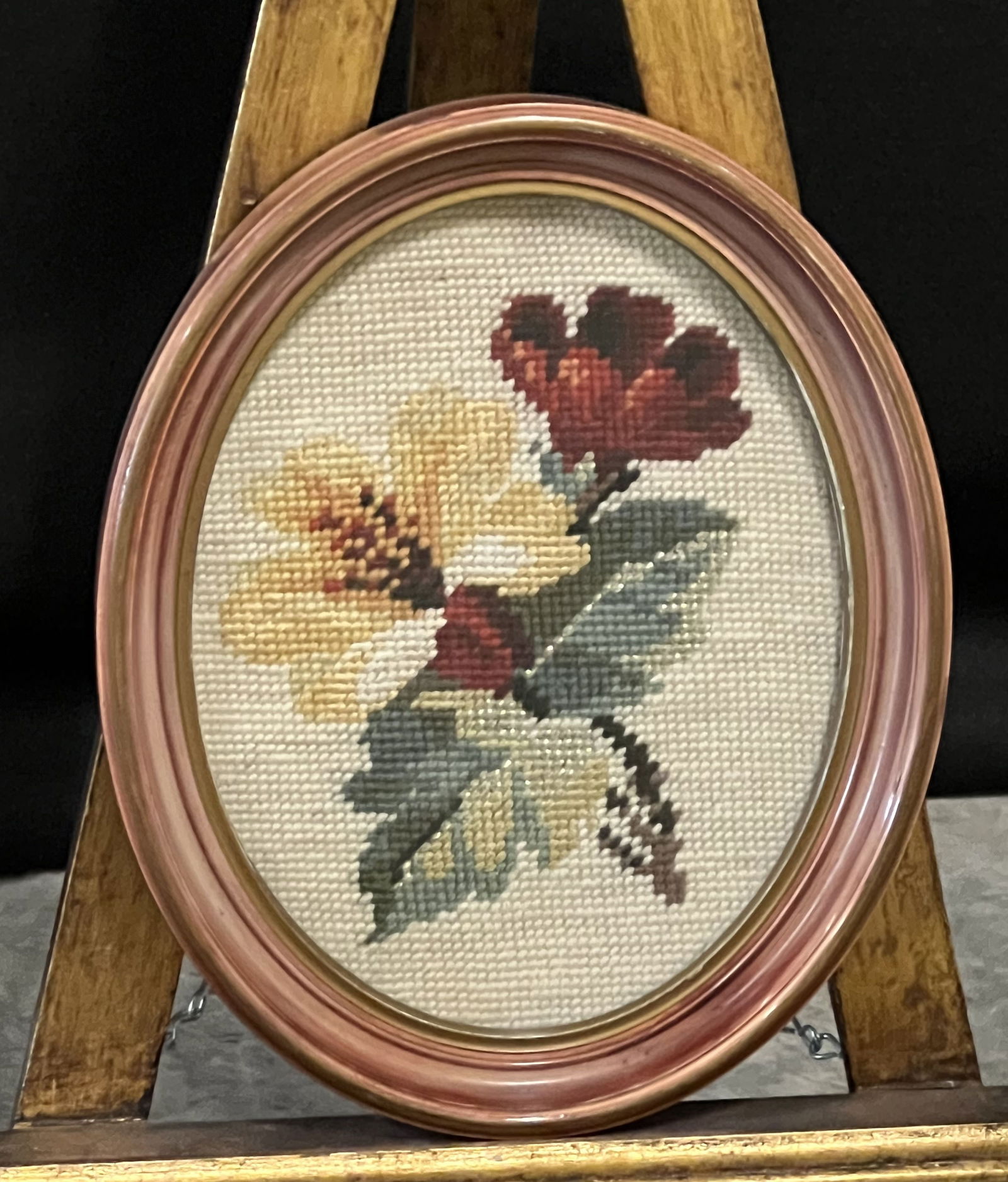 Vintage Framed Oval Needlepoint with Pair of Bright Colored Flowers (1 of 2)