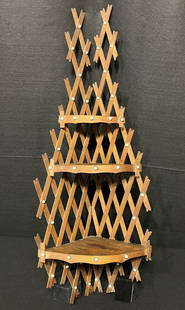 Tramp Art 3 Shelf Corner Wall Mount Etagere with Porcelain Heads: This Tramp Art 3-shelf corner lattice wall mounted etagere with porcelain heads/glass cabochons with Jefferson written on the underside was a creative design out of the Arts & Crafts period. It's in v
