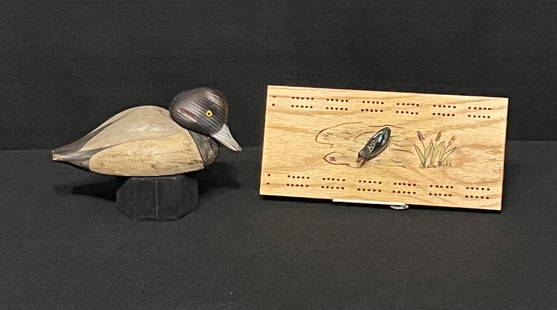 1979 Carved Wood Duck by SP Clark & Handmade Wooden Cribbage Board w/ Duck Art Centerpiece: This folk art style carved wooden duck is signed by artist SP Clark and dated '79. It has glass eyes and a removable head (9.5" x 4.5" x 4"). The wooden handmade cribbage board has cute graphics and a