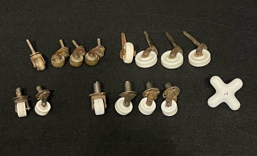 Antique Porcelain or Metal Casters, Wheels, Furniture Rollers & Porcelain "Hot" Sink Knob: Group of 15 antique porcelain or metal casters, wheels, and furniture rollers and porcelain "Hot" sink knob is a good lot. The lot list includes: 1" diameter metal casters with pins; 1.75" diameter la