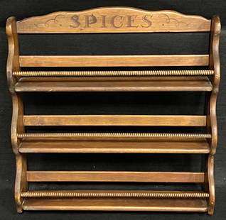 1920's 3-Shelf Wooden Spice Rack with Spiral Dowels: Antique 3-shelf wooden 1920's spice rack with spiral dowels. The label is creativity displayed and the wood construction is well done. (17" x 3" x 18") (2lbs.) Estimate: $65 - $95