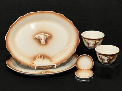 Rare Syracuse Western Ware Set of Two:  Butter Dishes, Oval Dinner Plates & Round Custard Dishes: This rare vintage Syracuse China western style restaurant ware features an airbrushed brown steer on a cream background. The "Econo-Rim" style of this china was tailored for spaces such as dining cars