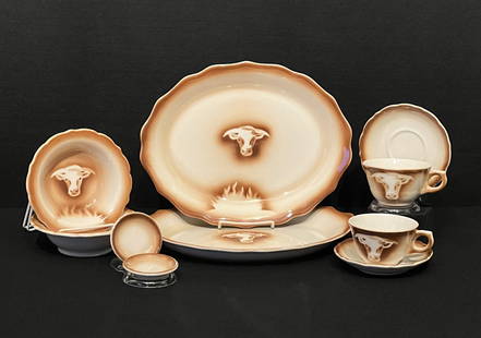 Rare Syracuse Western Ware, Two Each:  Oval Plates, Dessert Bowls, Saucers, Teacups & Butter Dishes: This rare vintage Syracuse China western style restaurant ware features an airbrushed brown steer on a cream background. The "Econo-Rim" style of this china was tailored for spaces such as dining cars