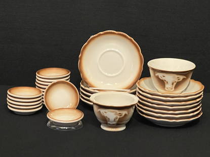 Rare Syracuse Western Ware:  Butter Dishes, Custard Dishes, Saucers & Scallopped Edge Custard Dis...: This rare vintage Syracuse China western style restaurant ware features an airbrushed brown steer on a cream background. The "Econo-Rim" style of this china was tailored for spaces such as dining cars