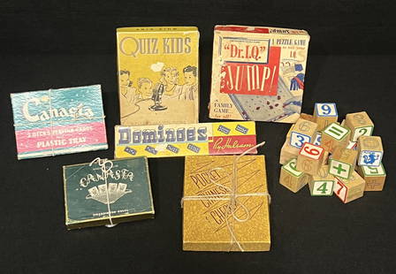 Vintage Children's Games and Numerical Blocks: Vintage Children's Games and Numerical Blocks are always sought after especially if they are in good conditon and these are. This lot includes: 1960's Canasta 2 Deck Playing Cards with Plastic Tray, W