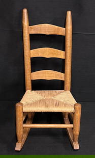 Antique Wooden Ladderback Child's Rocker with Rattan Seat: It's an antique wooden ladderback child's rocker with rush rope seat. The chair is in nice condition, rocks well, seat is comfortable and in tact and rungs are solid. (27" x 20" x 14") (6lbs.) Estimat